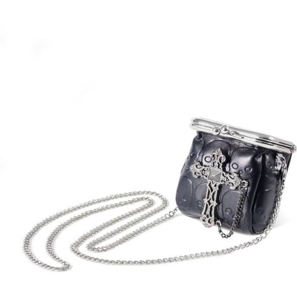 Mini Purse Gothic Crossbody Bag Tiny Chain Leather Coin Wallet for Women Black - Picture 1 of 8